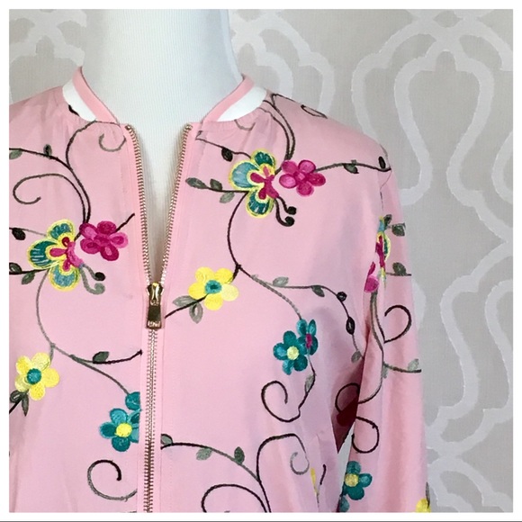 Floral Embroidered Pink Bomber Jacket - Picture 4 of 8